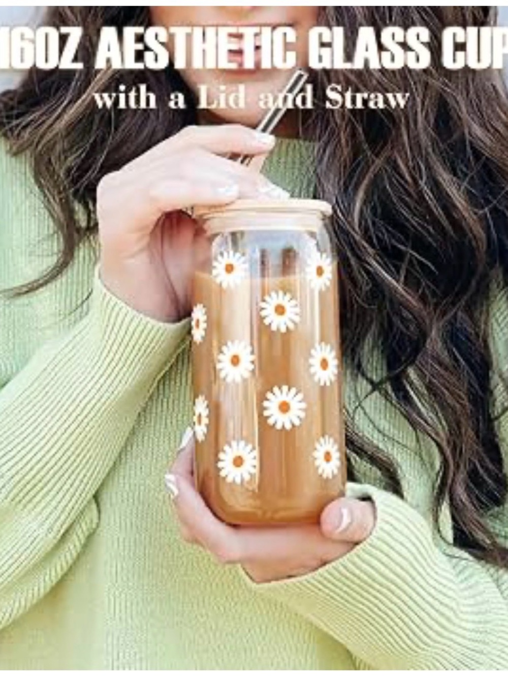 Daisy Glass Jar with Bamboo Lid - White/Orange Daisy